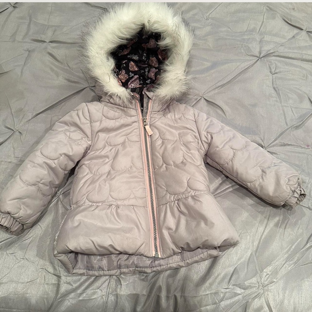 Stylish Gray Kids Puffer Jacket with Faux Fur Hood